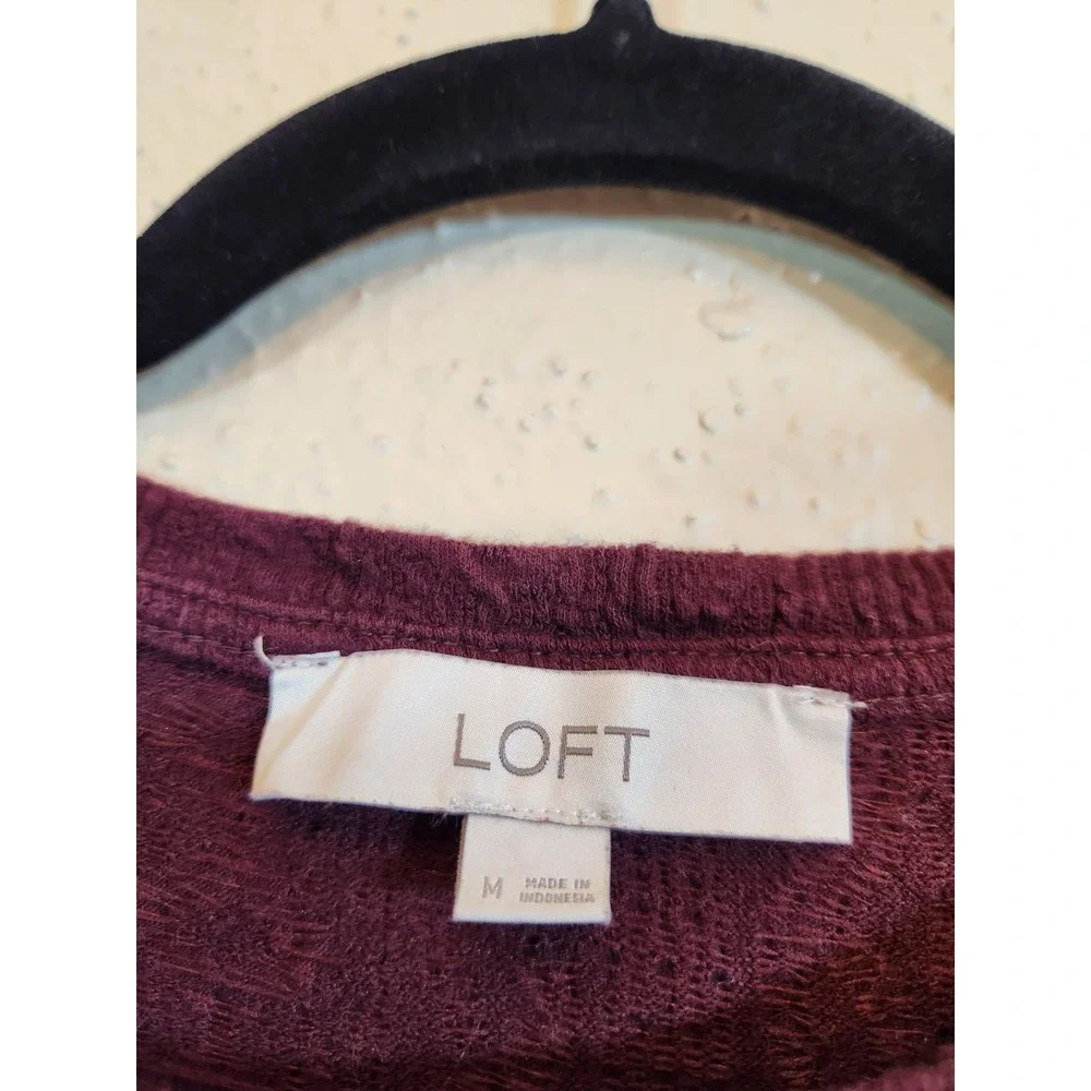 LOFT Womens Medium Burgundy Knit Top Puff Sleeve Textured Crew Neck Long Sleeve